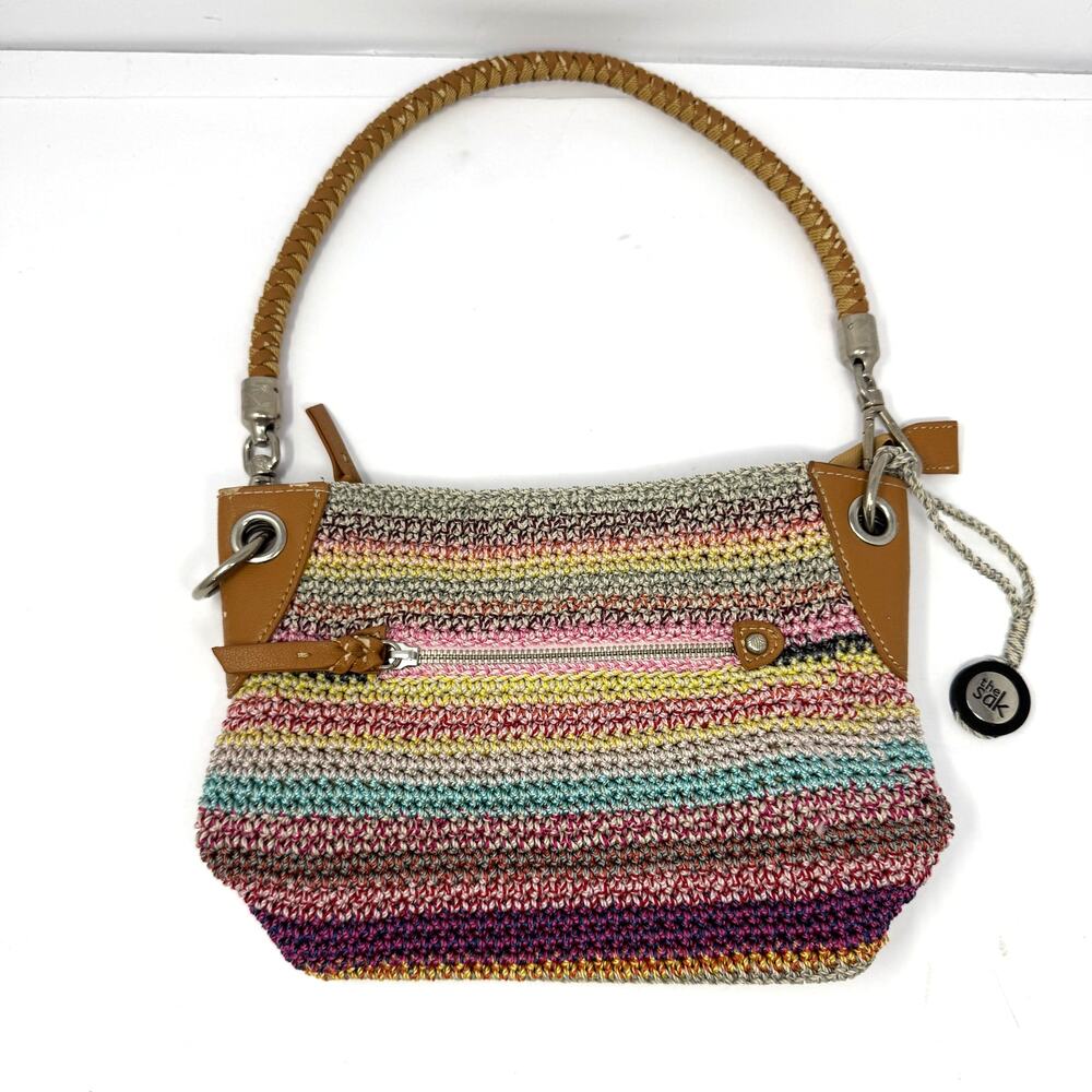 The Sak Multicolor Woven Straw Shoulder Bag with Tan Leather Trim